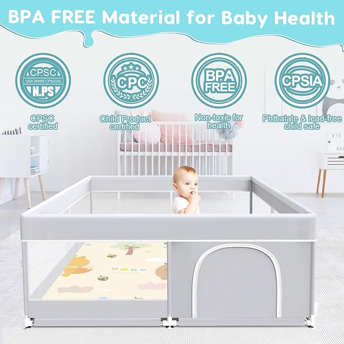 Fshibila Baby Playpen with Mat, Baby Playard for Toddlers, Sturdy Safety Play Yard with Soft Breathable Mesh, Anti-Fall, 50 * 50 * 27 inches Grey