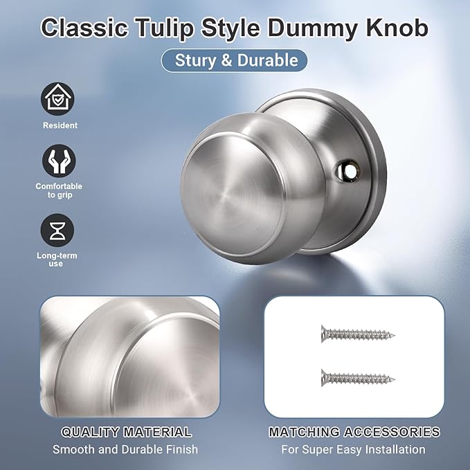 KNOBWELL 4 Pack Non-Turning Dummy Door Knobs Interior - Satin Nickel, Keyless Closet Door Knobs for French Doors，Single Side