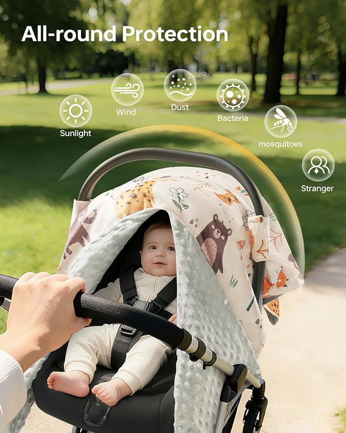 Infant Car Seat Cover Winter Minky - Baby Car Seat Canopy with Snap Peekaboo Opening, Multi-Use as Stroller Cover, Nursing Cover and Baby Blanket for Boys Girls (Beige)