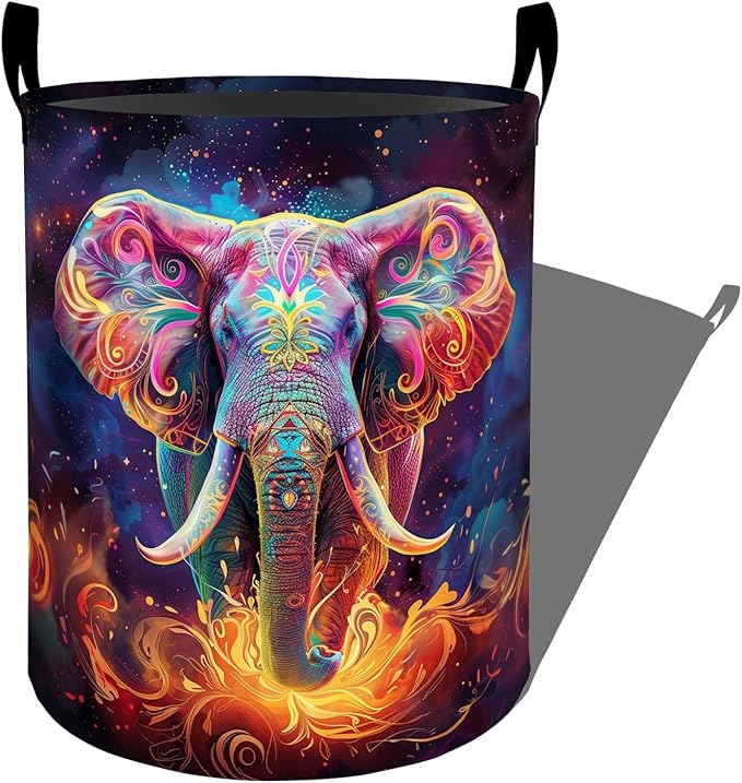 Vibrant Cosmic Elephant with Flames Laundry Basket with Handles, 19.7"x15.7" Clothes Foldable Laundry Hamper Organizer for Dorm Nursery Bedroom Bathroom Decor, Toy Storage Bin for Kids