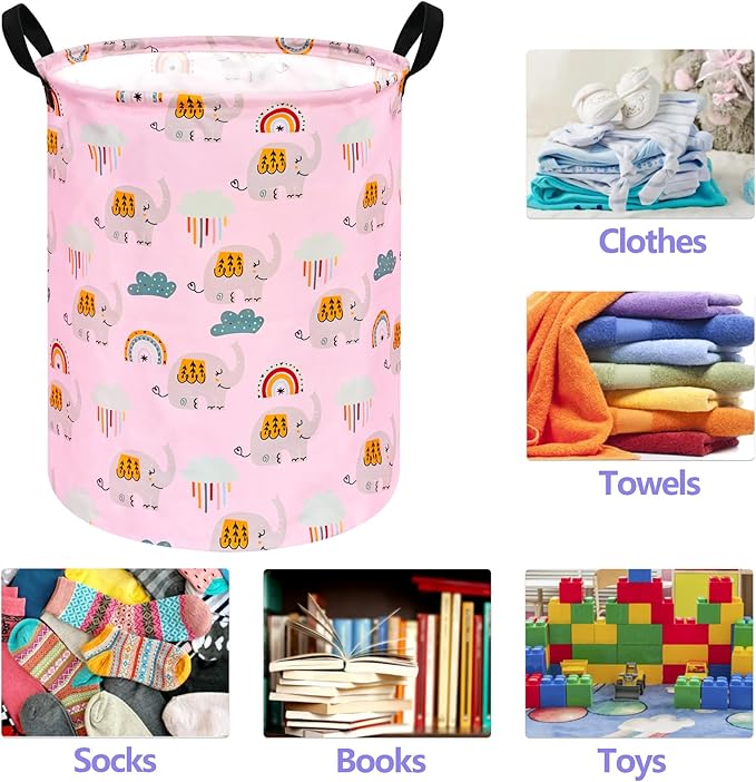 Elephant Pattern 19.7 Inch Round Laundry Clothes Hamper Laundry Basket with Handles,Storage Organizer Bins Laundry Gift Basket for Room, Bedroom Decor
