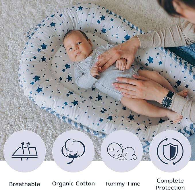 Aila+Aiden Baby Lounger | Organic Cotton Infant Lounger| Reversible, Adjustable & Portable Floor Lounger |Supervised Use | Soft, Breathable, Washable Cover - Star Collection (Blue)