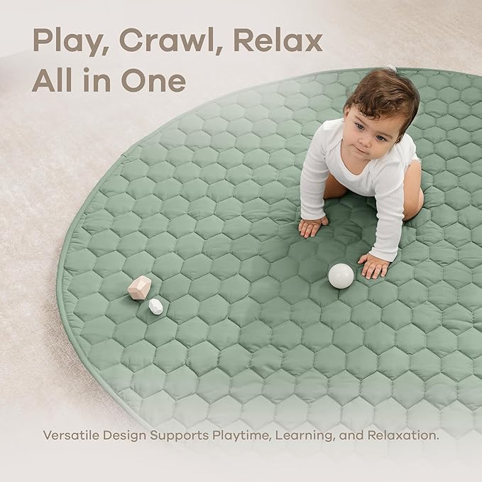 Comfy Cubs Round Kids Play Mat - Large 60 inches Soft Quilted Baby Floor Mat with Non-Slip Bottom - Plush Design for Toddlers' Playtime - Comfortable and Durable - Fern