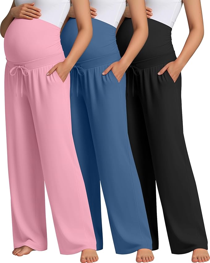 3 Pcs Maternity Sweatpants Over The Belly Pregnancy Straight Wide Leg Elastic Drawstring Pants Joggers with Pockets