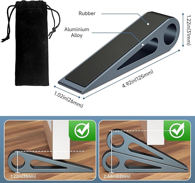 2 Pcs Heavy Duty Door Stopper for Bottom of Door, Aluminum & Rubber Door Stop Wedge- Keep Doors Open in Home, Apartment, Office, Hotel, 4.92L*1.02W*1.22H Inch,Blue