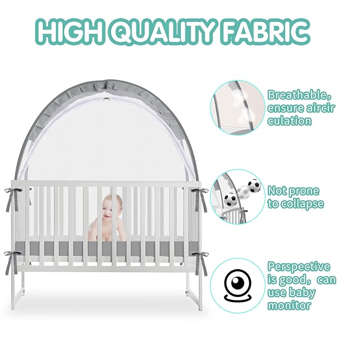 Crib Tent - Crib Net to Keep Baby in, Stop Baby from Climbing Out of Crib, Pop Up Crib Tent with Durable Breathable Net Double Zipper Strong Rods Installation Convenience