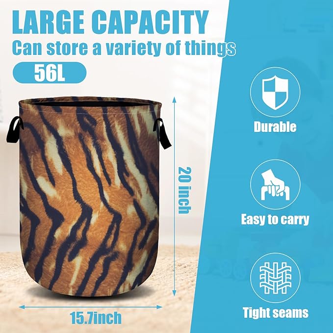 Tiger Texture Laundry Basket, Laundry Hamper Collapsible Oxford Cloth with Handle Clothes Toy Storage Bin for Bathroom Laundry Room Bedroom 15.7 X 20 Inch