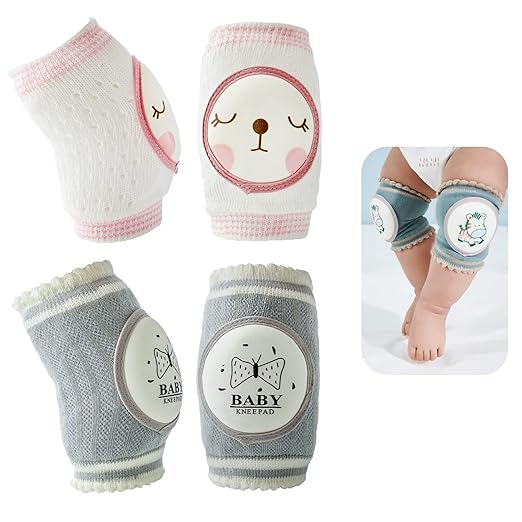 Reidio 2 Pairs Baby Knee Pads for Crawling Breathable Elastic Cotton Crawling Knee Pads Cute Unisex Baby Knee Protector with Sponge Pad for Baby Toddler (Rabbit & Grey)
