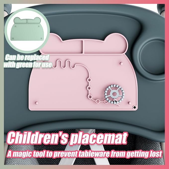 2 Pack Silicone Baby Placemats with Suction Base and 8 Stretchable Straps, Busy Baby Mats That Stick to Table, Baby Placemats for Restaurants, Pink Green