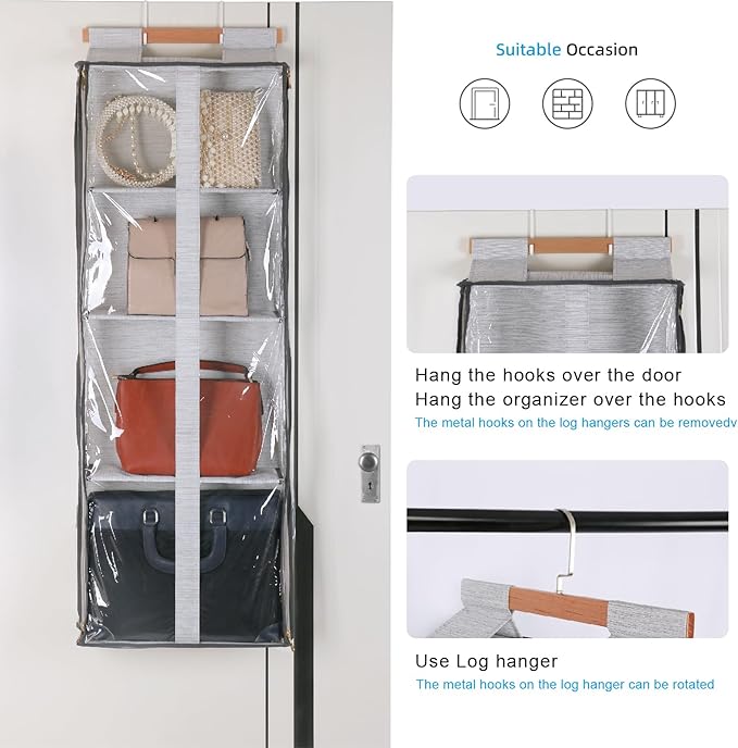 JINOKADI Clear Hanging Handbag Storage Organizer with Zippers, Easy Access Purse,Toy,Yarn,Hat Storage Holder Over The Door Purse Organizer Space Saving 4 Pockets for Closet Bedroom Living Room (Grey)