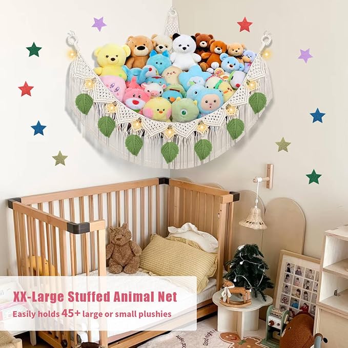 Stuffed Animal Hammock Corner w/LED Star Light, 56'' Jumbo Boho Tassel Leaf Hanging Stuffed Animal Net Holder, Cream Toy Hammock Plushie Net for Kid Girls Boys Gift Nursery Decor