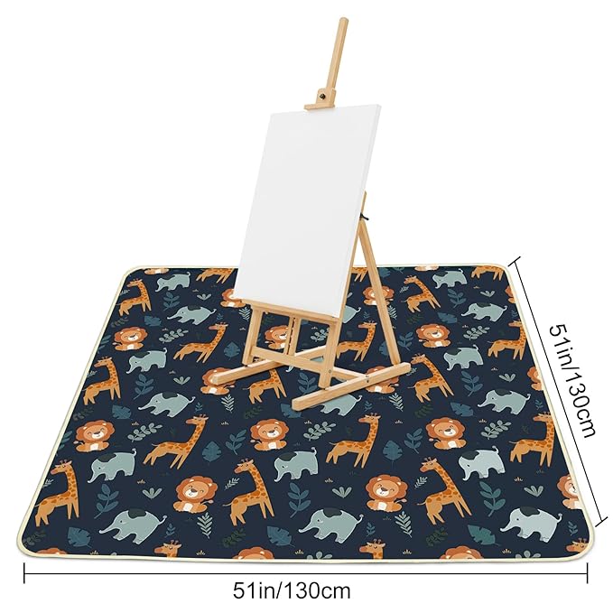 Basumee Splat Mat High Chair Mat Waterproof Baby Play Splat Mat for Under High Chair Food Catcher Highchair Mat for Floor Non Slip Bottom, Dark Blue Giraffe, 51x51 Inches