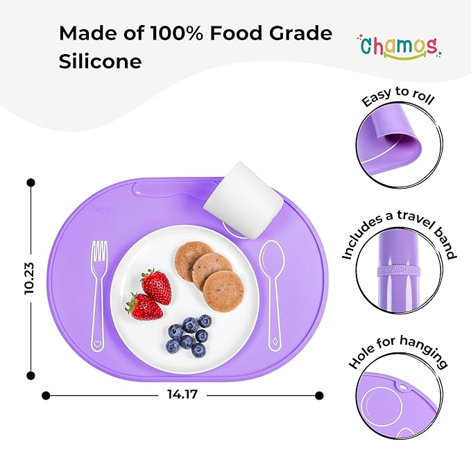 CHAMOS Silicone placemats for Toddlers - Montessori placemat for Round Table - Oval Kids placemats for Dining Table - Non Slip, Small, Educational placemats (Lavender), 14.17x10.23 inch