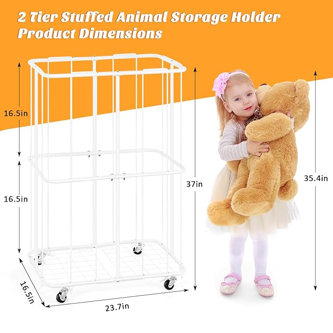 Stuffed Animal Storage Plush Toy Organizer Rolling Stuffed Animal Holder with Wheels Large Stuffed Animal Storage Zoo, Elastic Band for Playroom Bedroom Nursery, Large Capacity, White