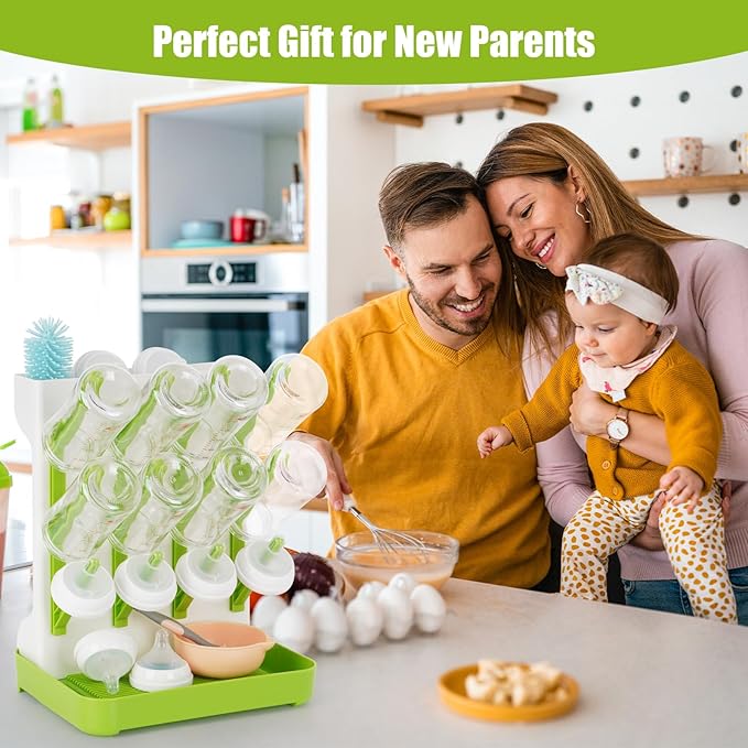 Baby Bottle Drying Rack, Space Saving Baby Bottle Organizer for Countertop, Vertical Bottle Dryer Holder with Brushes Holder, Large Bottle Storage Holder 12 Bottles & Baby Accessories Green