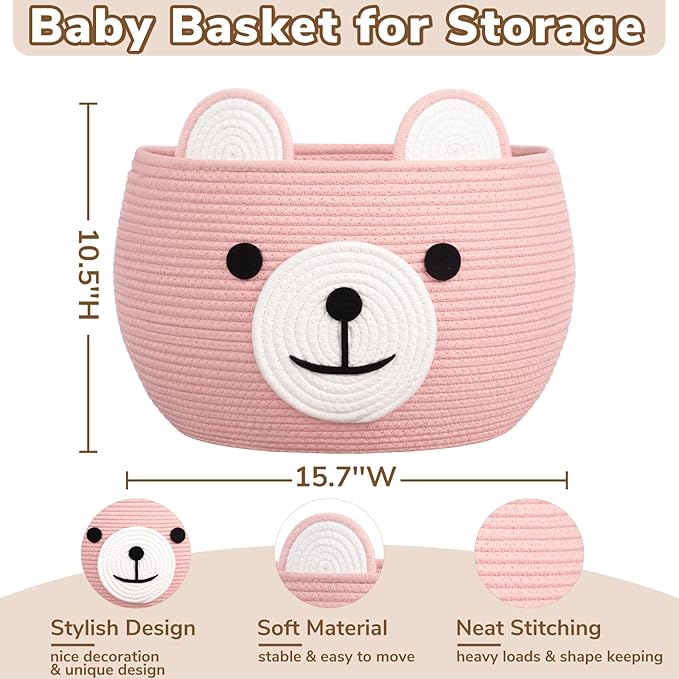 CherryNow Baby Basket for Nursery, Bear Gift Baskets for Girls, Baby Shower Basket with Handles, Large Diaper Caddy Organizer, Bright Pink, 15.7"D x 10.5"H