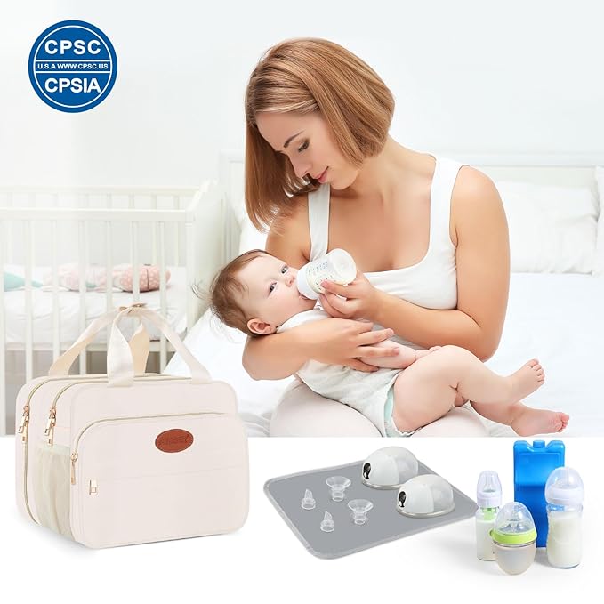 PIIOSER Breastmilk Cooler Travel Bag with Ice Pack, Compatible with Wearable Breast Pumps & Accessories - Breastfeeding On The Go for Nursing & Working Moms, Cream