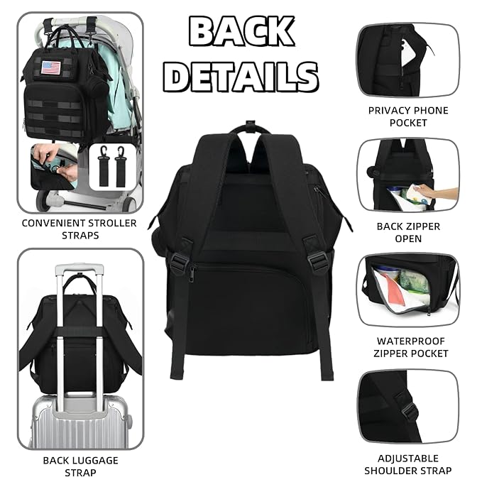 ROSEGIN Diaper Bag Backpack for Dad and Men, Large Travel Baby Bag with Changing Pad, Pacifier Case, Removable Flag Patch - Baby Shower Gifts - Shadow Black
