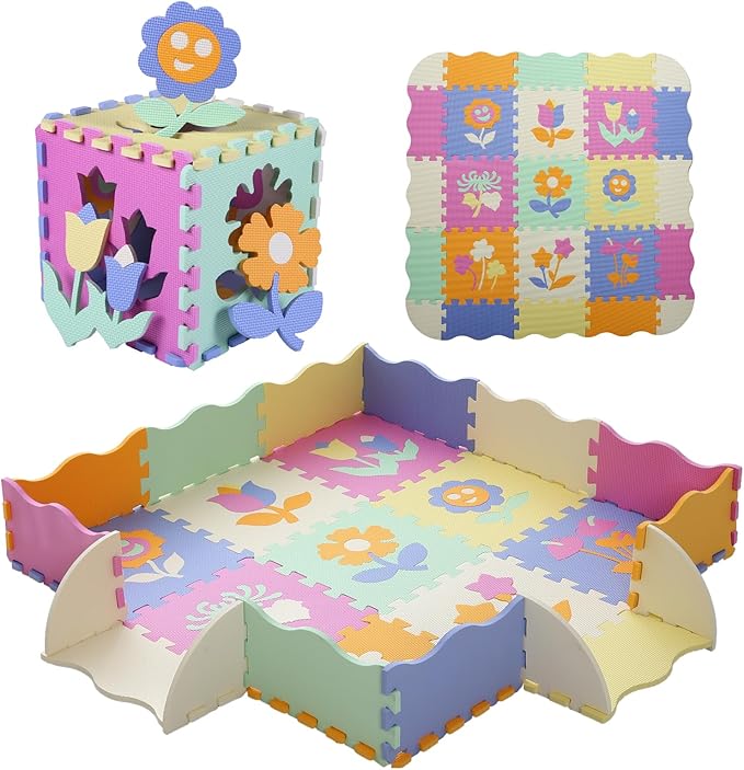 Tamiplay Foam Play Mat for Kids，25Pcs Square Interlocking Puzzle Floor Mat，Baby Play Mat Floor Mat Foam Puzzle Playmat for Toddlers with Fence（Flower-CSH037