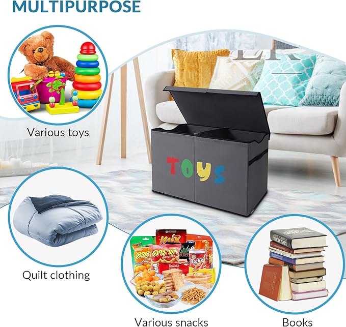 YOLOXO Toy Box Chest, Collapsible Sturdy Storage Bins with Lids, Extra Large Kids Toy Storage Organizer Boxes Bins Baskets for Kids, Boys, Girls, Nursery Room, Playroom, Closet (A-TBX-GRAY-MULTI)