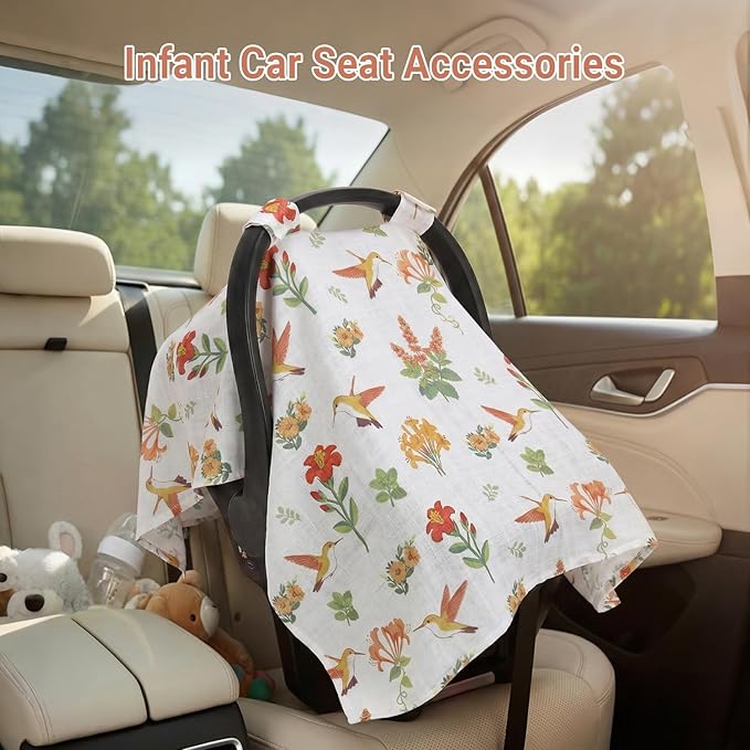 Metplus Car Seat Cover Baby, 100% Muslin Cotton Infant Carseat Covers for Boys and Girls, Lightweight Breathable Canopy, Summer Stroller Sun Shade, Newborn Travel Essentials(Hummingbird)