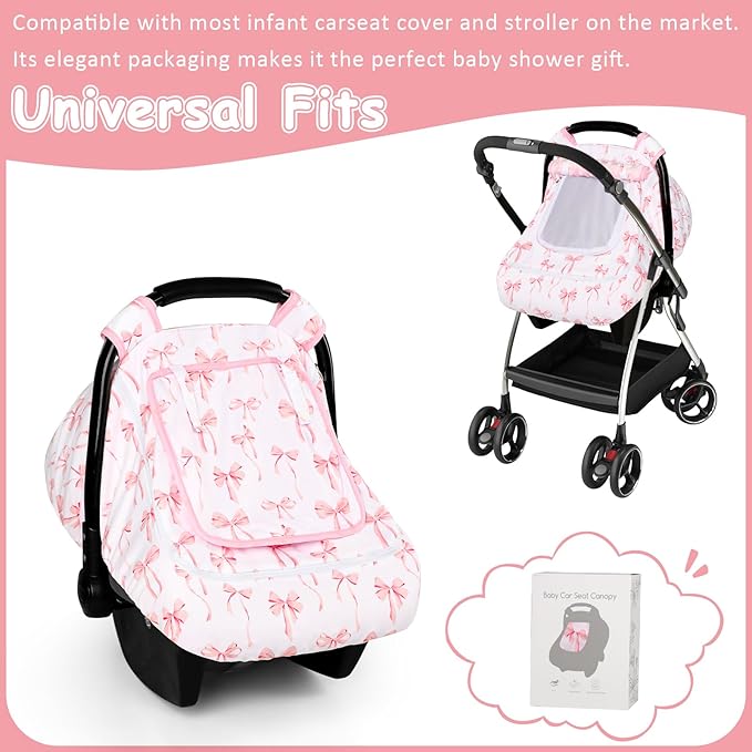 Baby Car Seat Cover with Mesh Window, Windproof Carseat Cover for Infant Girls, Infant Carseat Canopy with with Dual Zipper, Compatible with Most Baby Car Seat, Pink Bow