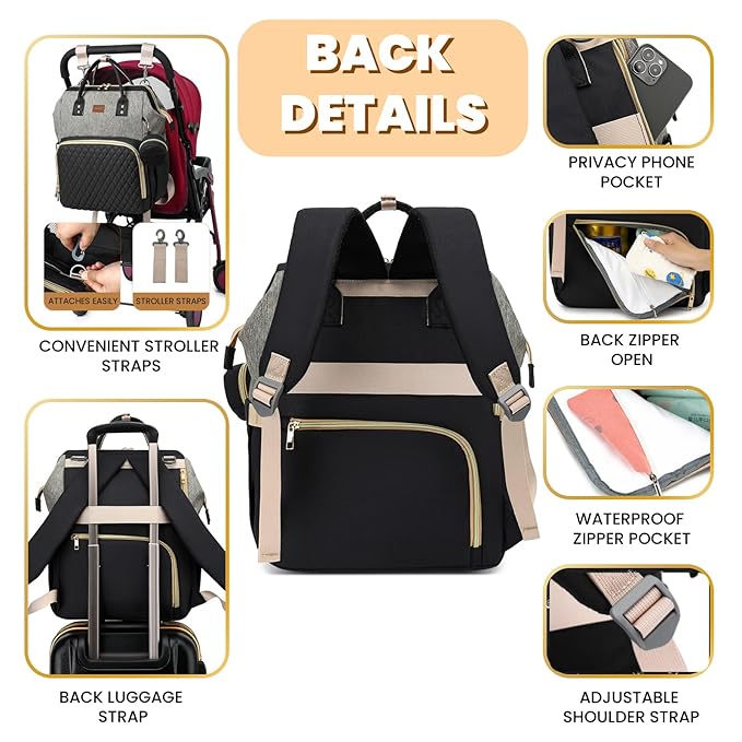 ROSEGIN Diaper Bag Backpack with Changing Pad, Pacifier Case, Baby Bag for Boy Girl Toddler - Large, Stylish, Waterproof Travel Quilted Diaper Bag for Mom - Baby Shower - Black Grey