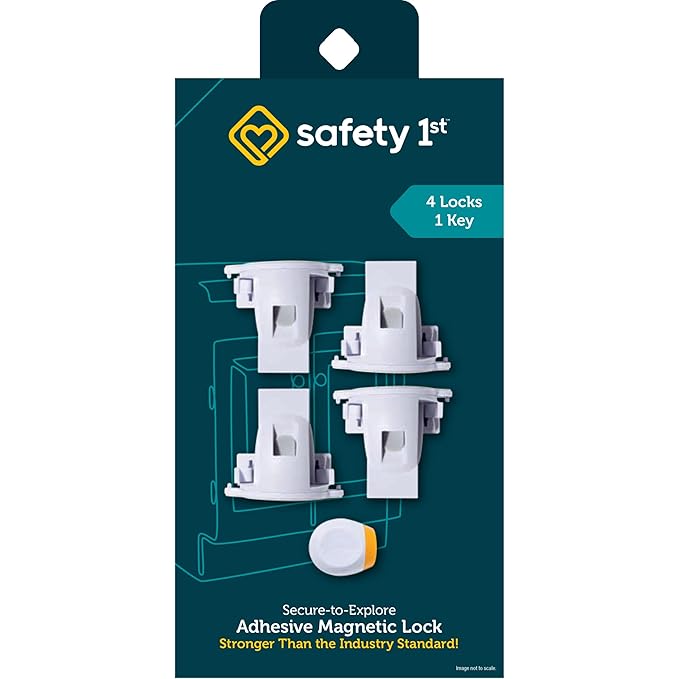 Safety 1st Adhesive Magnetic Cabinet Locks, Includes 4 Child Locks for Cabinets & Drawers, 1 Key, White