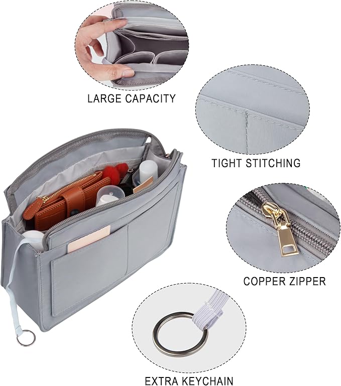 Vercord Purse Organizer Insert with Zipper for Women Hobo Handbags Shaper Insert 12 Pockets Bag Grey Medium