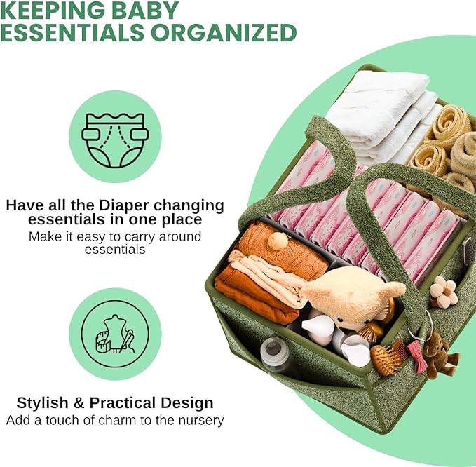 BREEZYBUBS Large Diaper Caddy Organizer with Dividers - Baby Basket for Nursery and Changing Table - Portable Storage with Strong Handles for Diapers, Wipes and Newborn Essentials