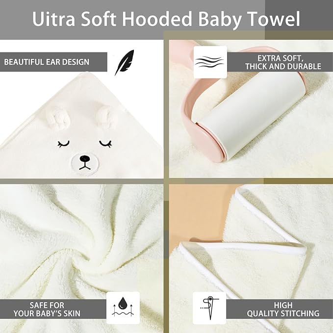 Baby Hooded Towels,31 x 31 in Baby Washcloths, Infant Super Soft Baby Bath Towels with Hood for Toddlers1-3,Highly Absorbent Viscose Hooded Towel for Boys, Girls, Newborn Essentials