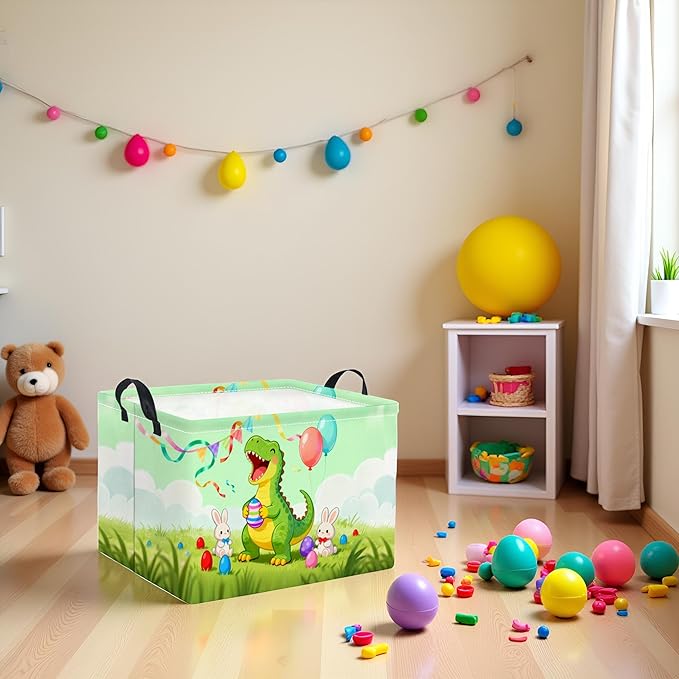 TIBAOLOVER Rectangular Easter Basket for Home Kitchen Baby Girls Basket Cute Storage Bin Organizer Shelf Book Room Decor(Happy Dinosaur)
