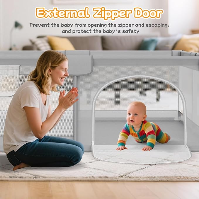 Deeteck 74"x50" Large Baby Playpen - Playpen for Babies and Toddlers with Breathable Mesh & 2 Handles - Baby Fence Playard Safety Activity Center for Indoor & Outdoor, Grey