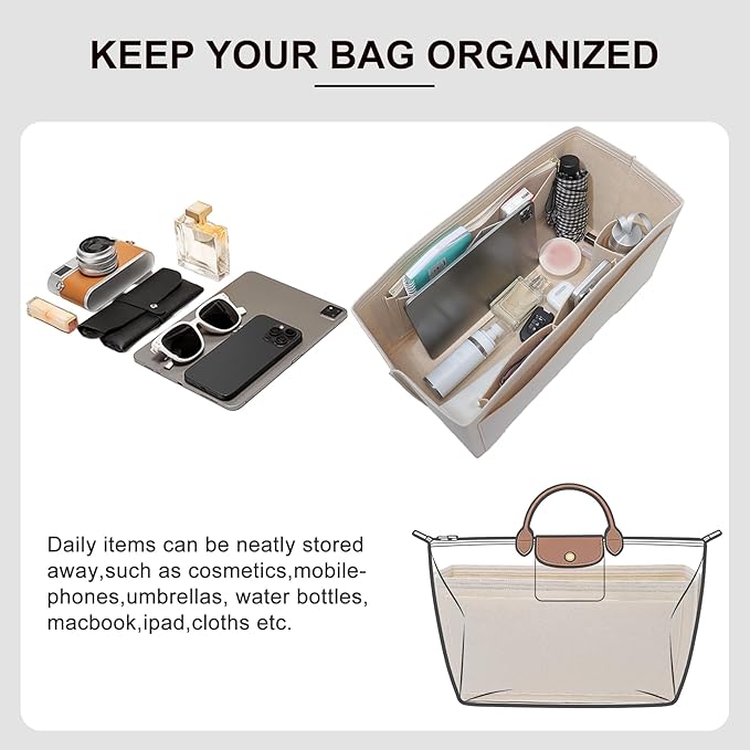 Premium Felt Tote Bag Organizer Insert for Longchamp-Le Pliage L Travel Bag, Large Purse Insert with Zipper Pocket and Cup Holder, 9 Compartments, Beige/LT