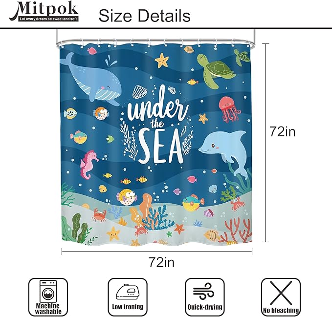 4 PCS Kids Shower Curtain Set 72Wx72H Ocean Bathroom Set Underwater Summer Kid Fish Cute Whale Sea Animal Funny Bath Rug Toilet Lid Cover U Shape Mat Accessories 12 Hooks Bathroom Decors