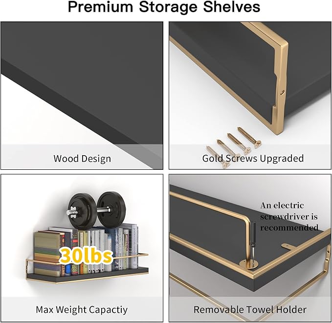 Shario Floating Shelves - Set of 2, Wall Mounted Hanging Shelves with Golden Towel Rack, Decorative Storage Shelves for Bathroom, Kitchen, Living Room & Bedroom (Black Gold, 15.7 Inches)