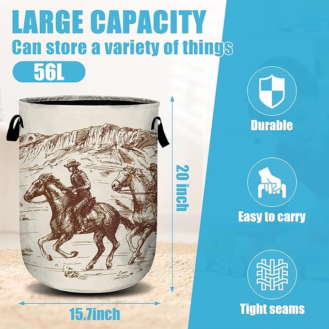 American Wild West Desert Cowboys Laundry Basket, Laundry Hamper Collapsible Oxford Cloth with Handle Clothes Toy Storage Bin for Bathroom Laundry Room Bedroom 15.7 X 20 Inch