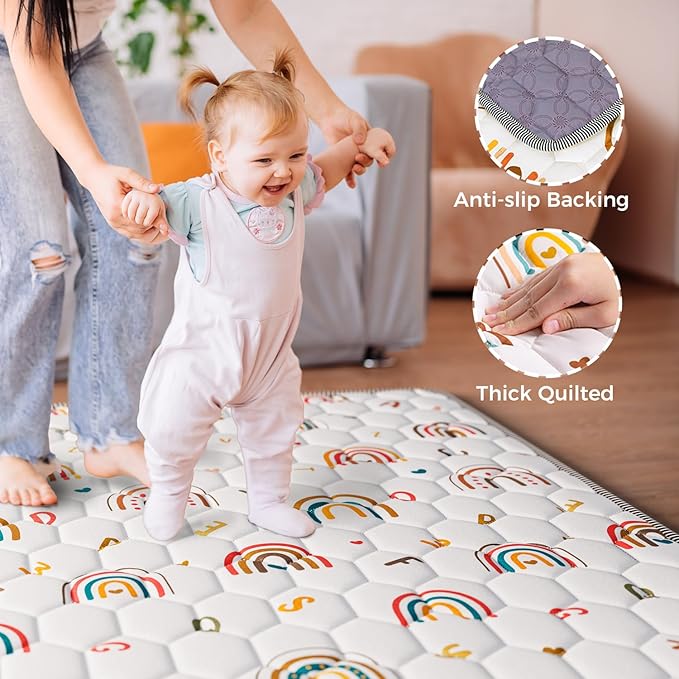 Boho Rainbow Baby Play Mat 71" X 59" Non-Slip Cushioned Baby Crawling Mat Letter Playmats, Kids Play Mats Pad for Floor Play Pen Infants Tummy Time Activity (White)