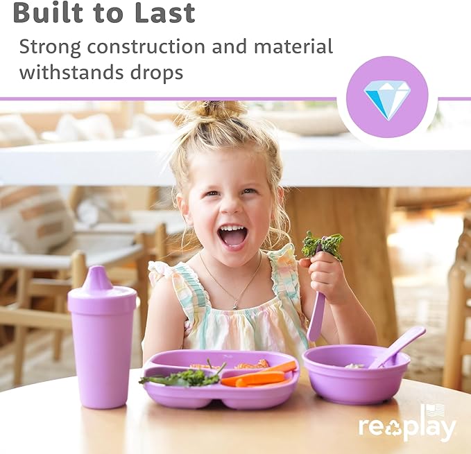 Re-Play Toddler Plates with Dividers - Deep-Walled 3 Compartments Divided Plates for Kids with 3 Lids - Dishwasher & Microwave Safe - Made in USA - Set of 3-7.37" x 7.37" x 1.25" - Sparkle