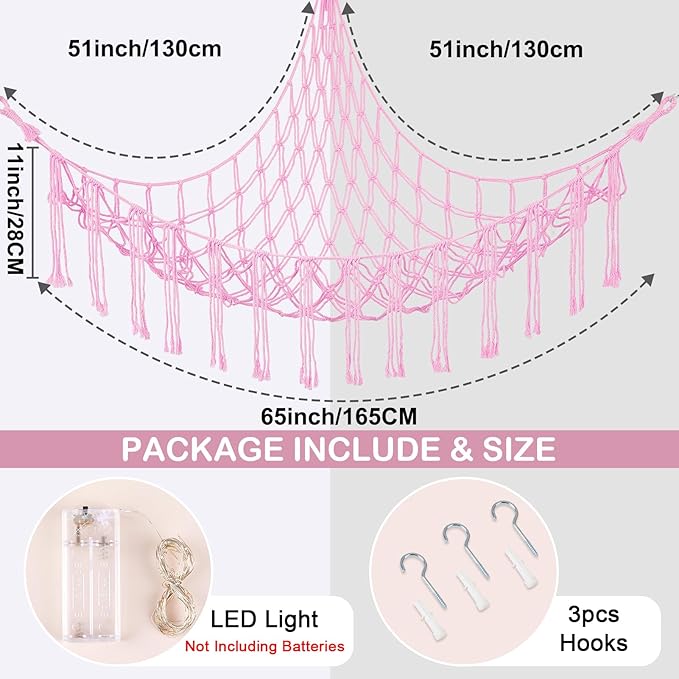 Basumee Stuffed Animals Net or Hammock with LED Light, Hanging Stuffed Animals Storage Toy Hammock Net Corner Wall Girls Room Decor Toy Storage Organizer, Pink, XL