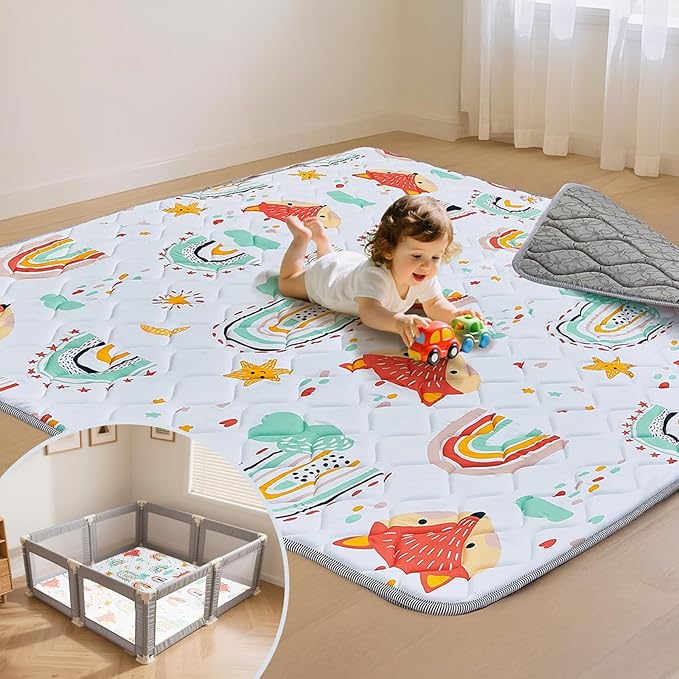 Duwenem Baby Play Mat for Floor,50x50 Inch Soft Foam Padding Crawling Mat for Playpen, Foldable and Machine Washable, Thick for Babies & Toddlers,Rainbow Fox