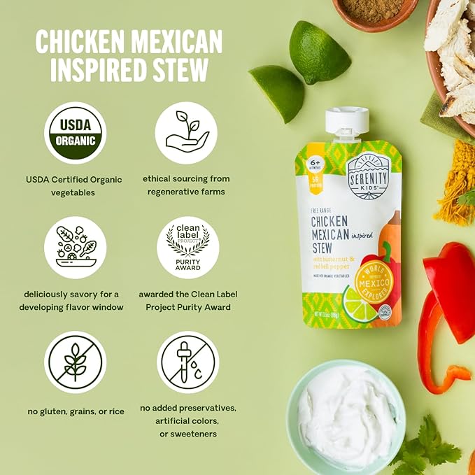 Serenity Kids 6+ Months Mexican Chicken Baby Food Pouch - 3.5 oz, Pack of 6 - Protein-Packed Flavored Meat Pouch - Savory Chicken Mexican Stew Flavor - BPA-Free Organic Baby Food