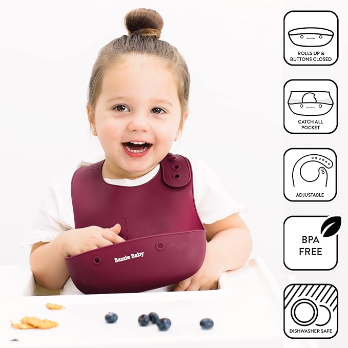 Bazzle Baby Silicone Bibs with Food Catcher - Rolls Up and Button closed for easy travel and storage Waterproof 2-Pk