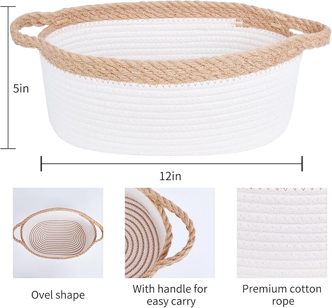 ABenkle Small Basket with Handles - Decorative Durable Rope Woven Storage Bin Shelf Storage Organizer Cube, Easter Baby Gift Basket, 12"x8"x5"