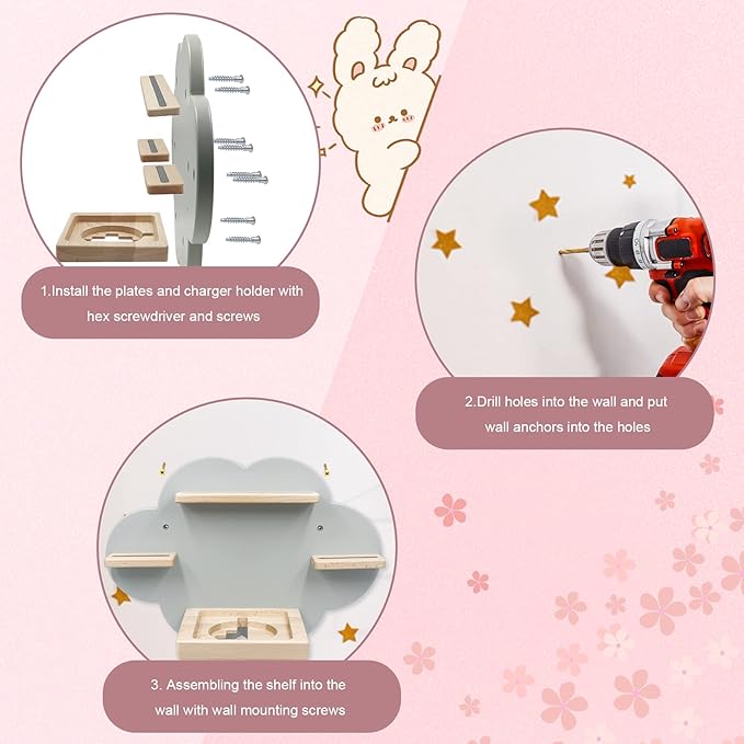 Wall Shelf (Cloud) for Toniebox, Charging Station and 12-18 Tonie Figures, Magnetic Wooden Floating Shelf Compatible with Toniebox MP3 Audio Player & Character, Storage Rack for Kids Play Room