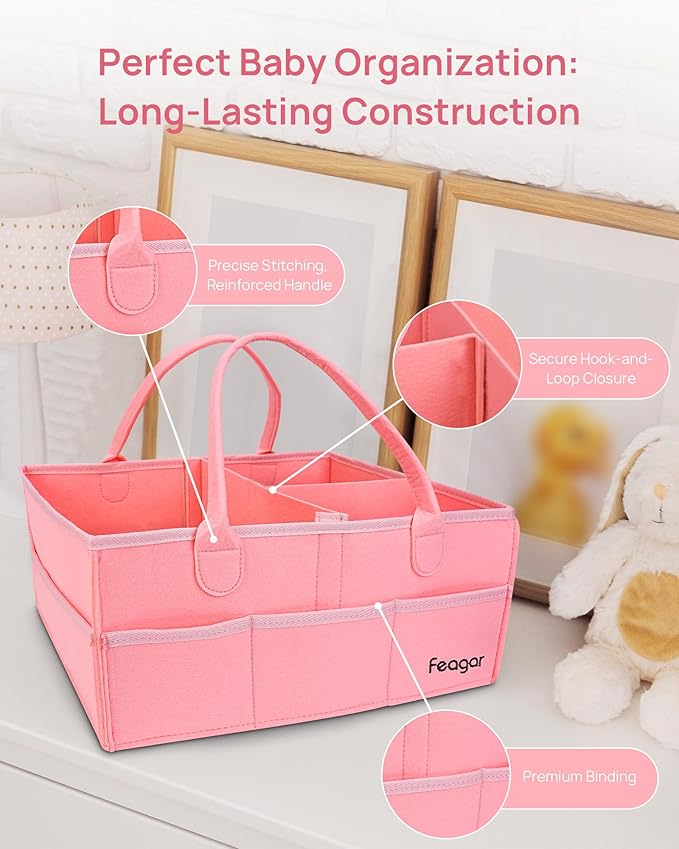 Feagar Baby Diaper Caddy Organizer, 15 Inch Large with 8 Pockets & 2 Dividers, Portable Nursery Storage Basket & Car Organizer for Changing Table, Travel (Pink)