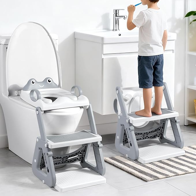 Orzbow Frog Potty Training Seat, Toddler Toilet Seat with Step Stool Ladder, 2-in-1 Potty Training Toilet Essentials for Boys Girls, Adjustable Height, Non-Slip Step and Splash Guard Design, Grey
