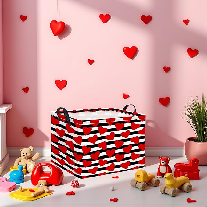TIBAOLOVER Rectangular Valentines Basket for Women Girls Storage Bin Organizer Box Shelf Room Decor(Black Red Heart)