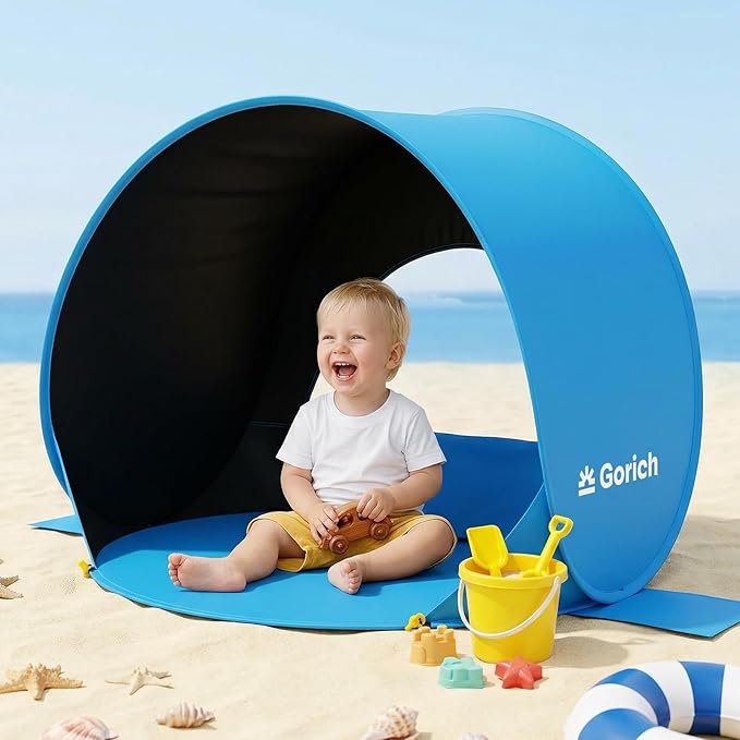 Gorich Pop Up Baby Beach Tent with UPF50+ UV Protection, Portable Toddler Sun Shelter with Mesh Ventilation, Lightweight & Foldable Play Shade Tent for Beach, Park & Backyard