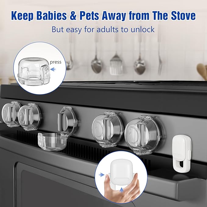 Stove Knob Safety Covers for Child (5 + 1 Pack), Upgraded Universal Size Press Gas Stove Knob Covers with Adhesive, Heat-Resistant Childproof Oven Locks for Kids and Pets (Clear)